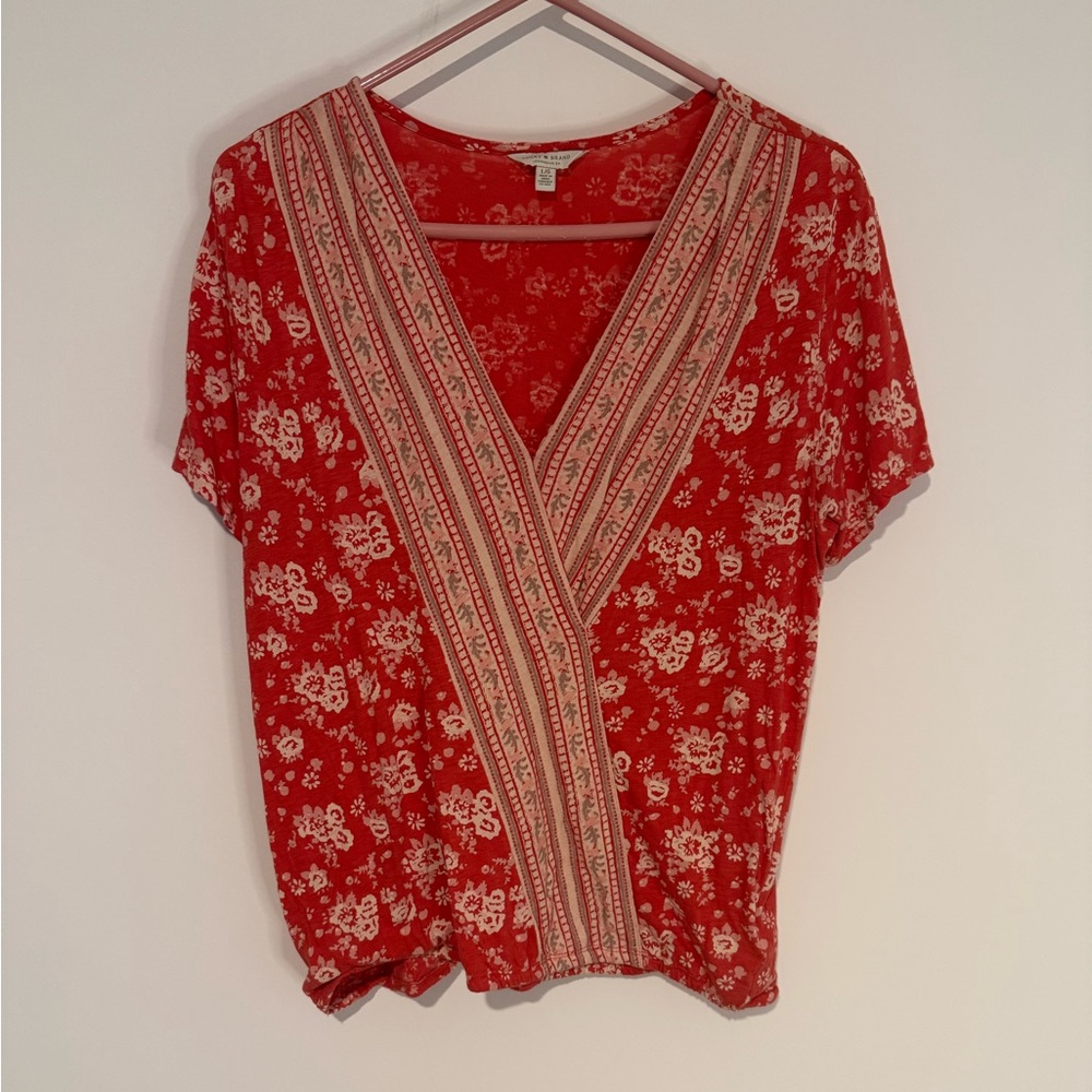Lucky Brand Red and White Floral Wrap Blouse